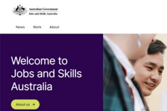 The Jobs and Skills Australia website homepage displays information about the new agency and its role in the vet sector.